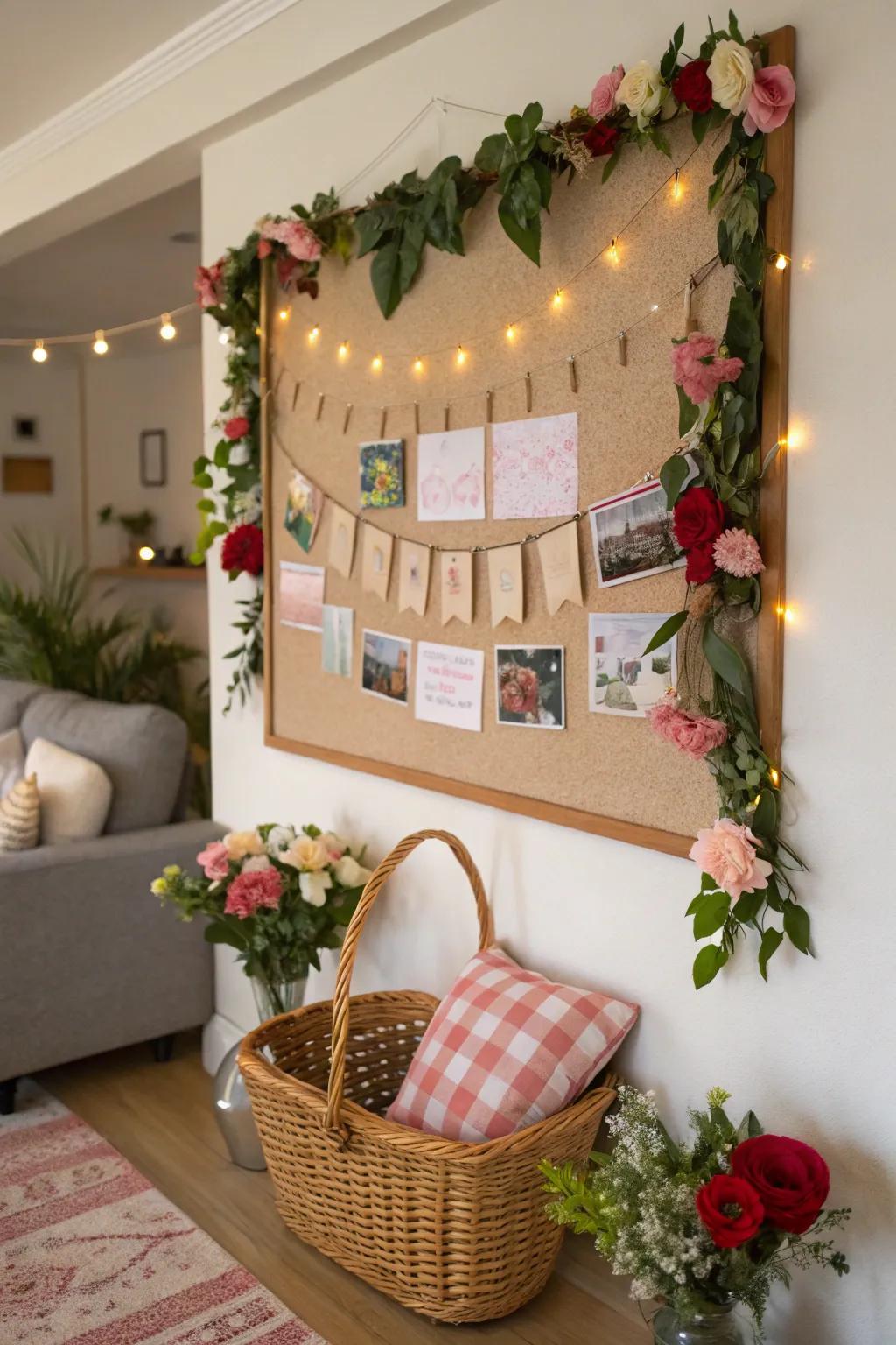 A garden party-themed bulletin board for a touch of elegance.