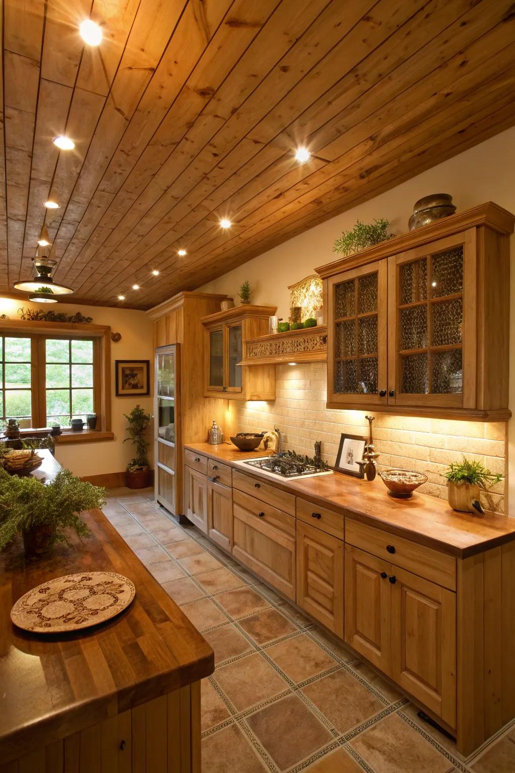 Introduce warmth with a beautifully wood-paneled ceiling.