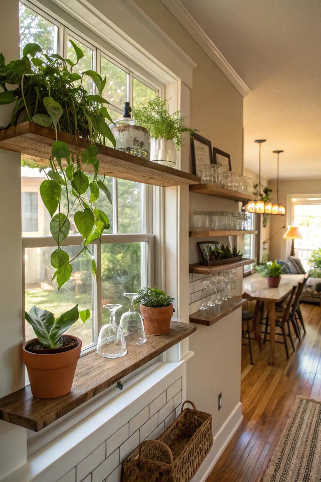 Shelves positioned across windows beautifully maximize both sunlight and space.