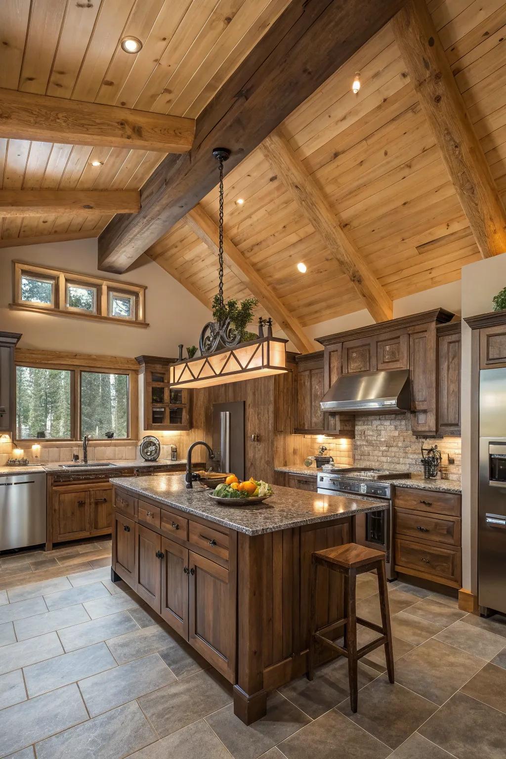 A rustic kitchen that beautifully integrates knotty pine and modern elements.