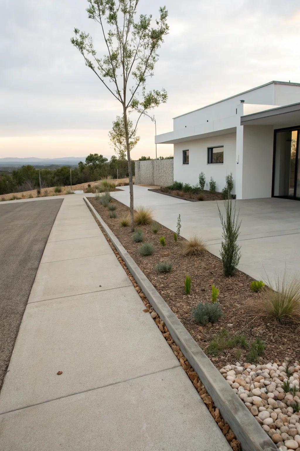 Clean lines and modern materials create a sleek driveway.