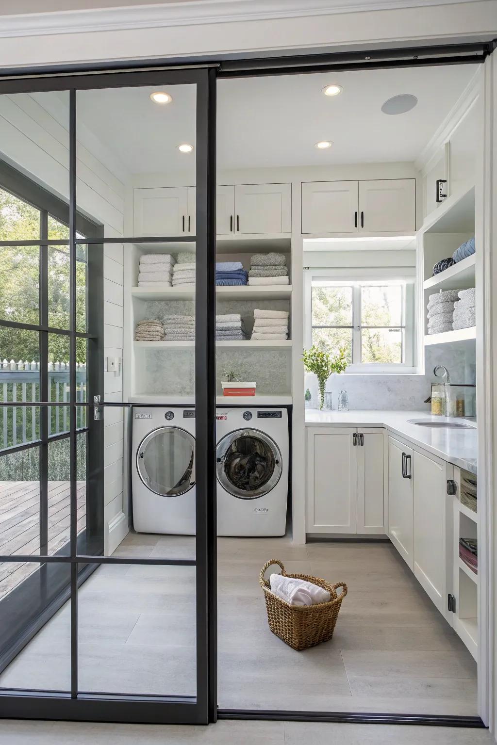 Glass panel doors create a modern and bright laundry environment.