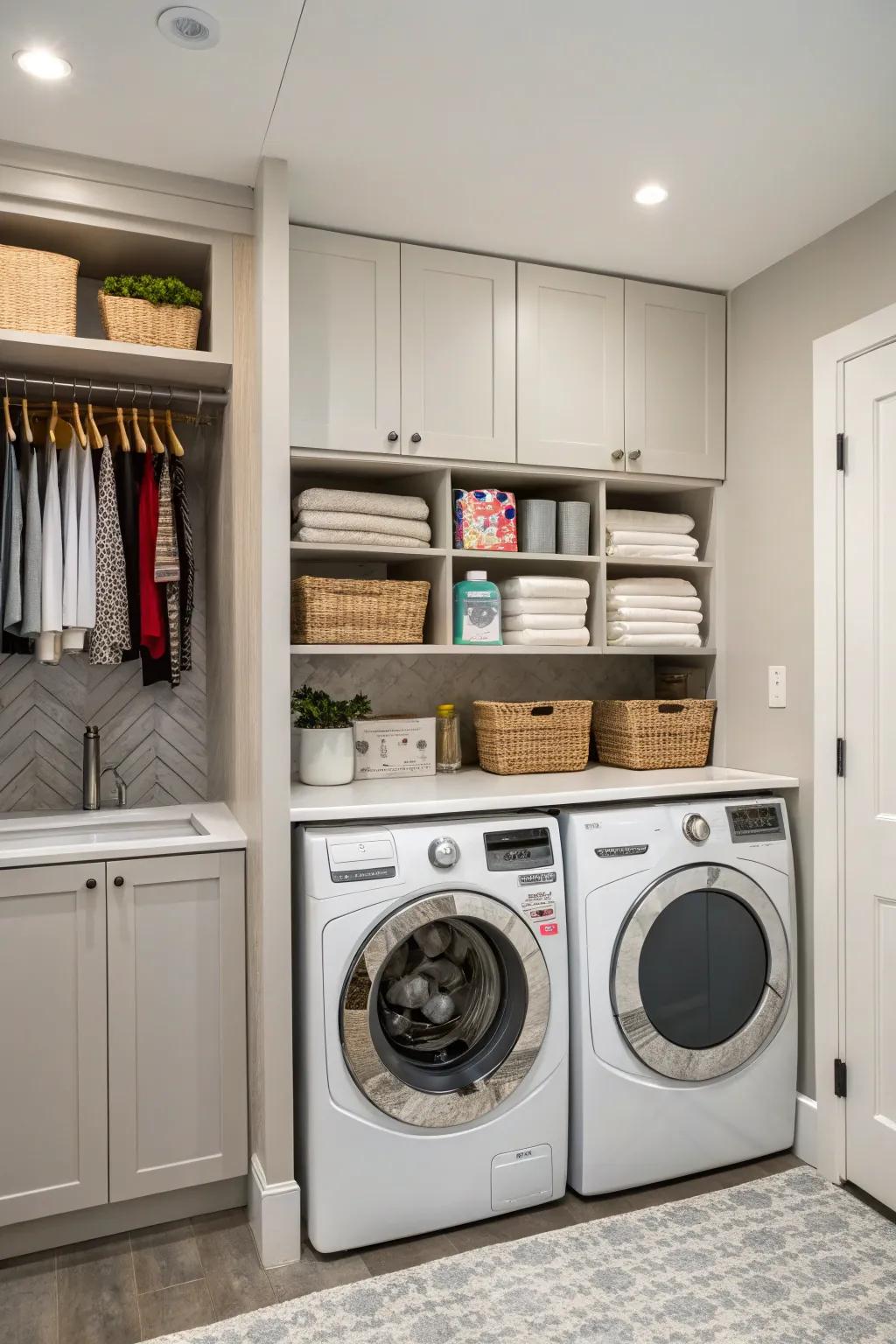 Hidden cabinets keep laundry supplies out of sight for a sleek look.