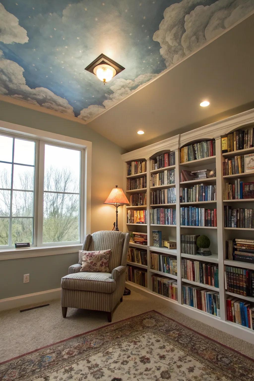 A painted ceiling can add an unexpected and delightful dimension to your library.