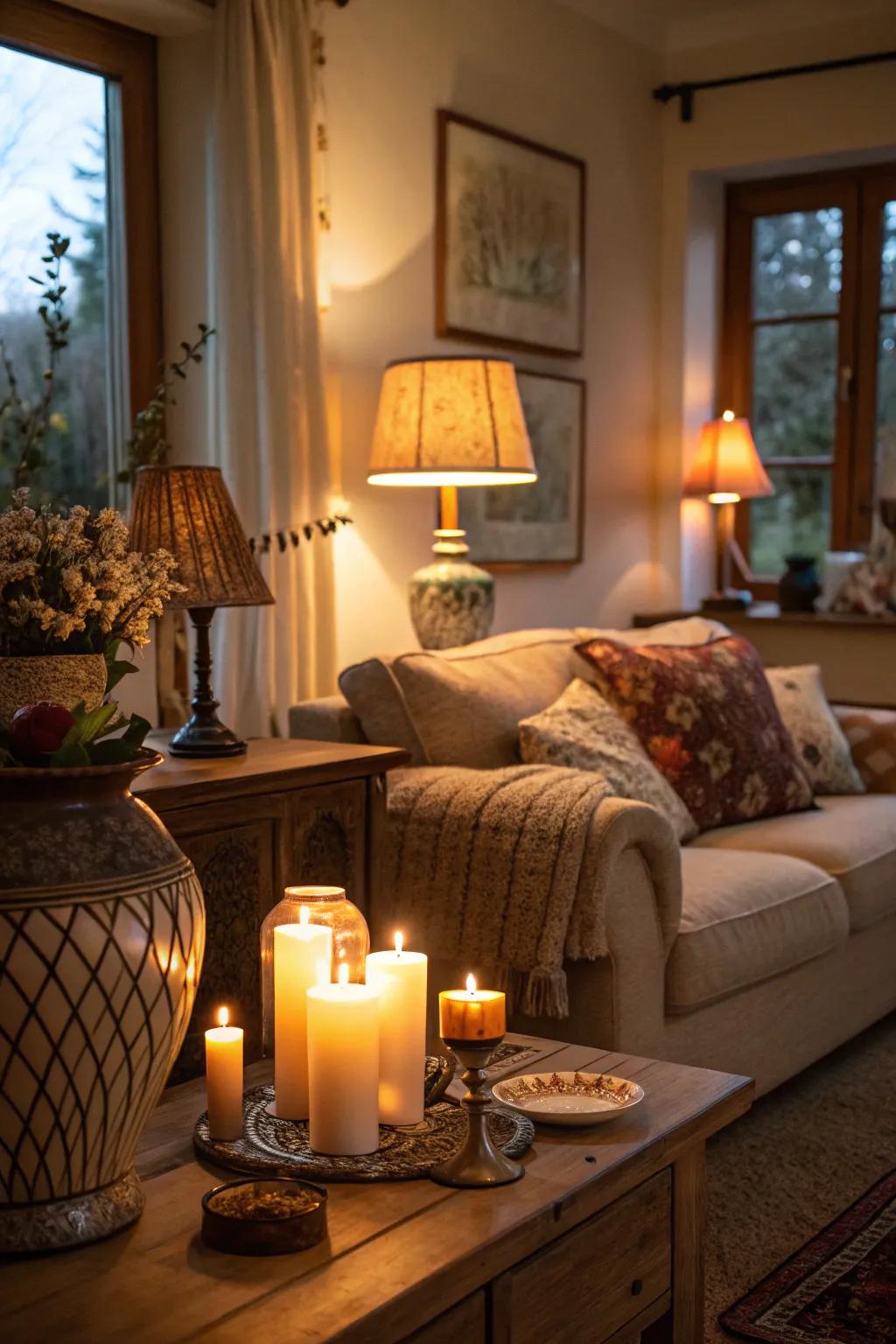 Delicate lighting enhances a serene and intimate mood to this cozy living space.