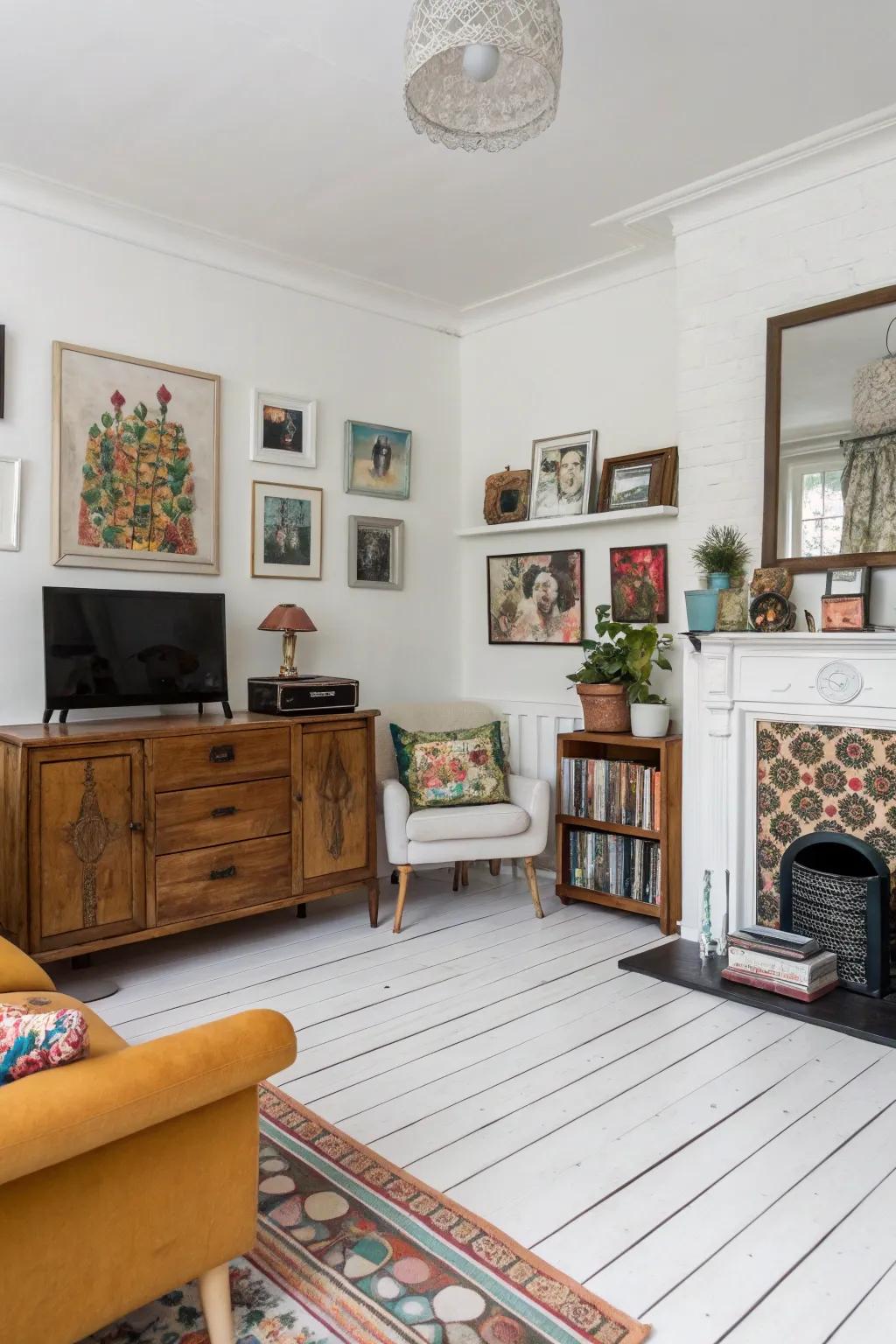 Eclectic decor adds distinctive charm to a room with white wood floors.