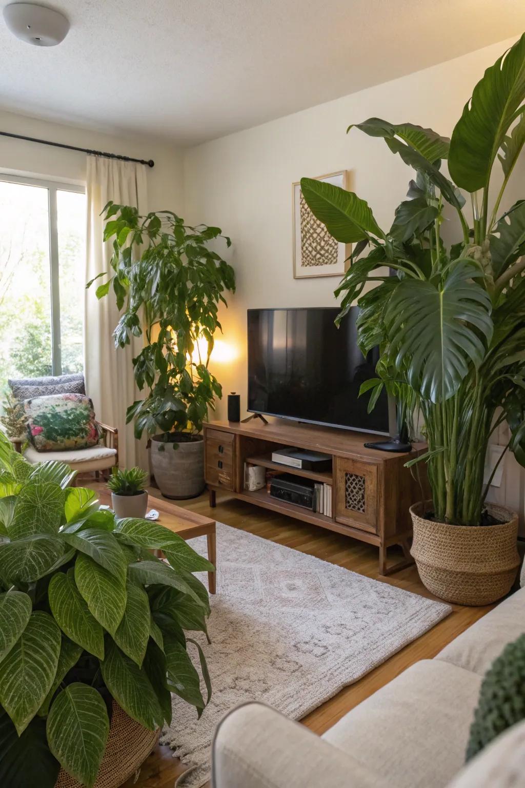 The greenery adds a fresh and lively touch to the TV area.