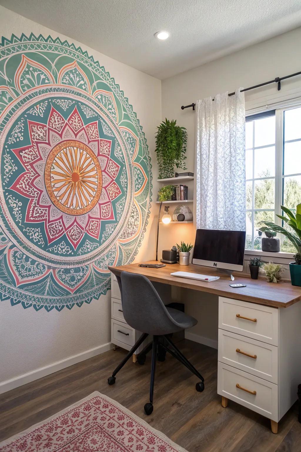 A mandala wall mural inspiring creativity in a home office.