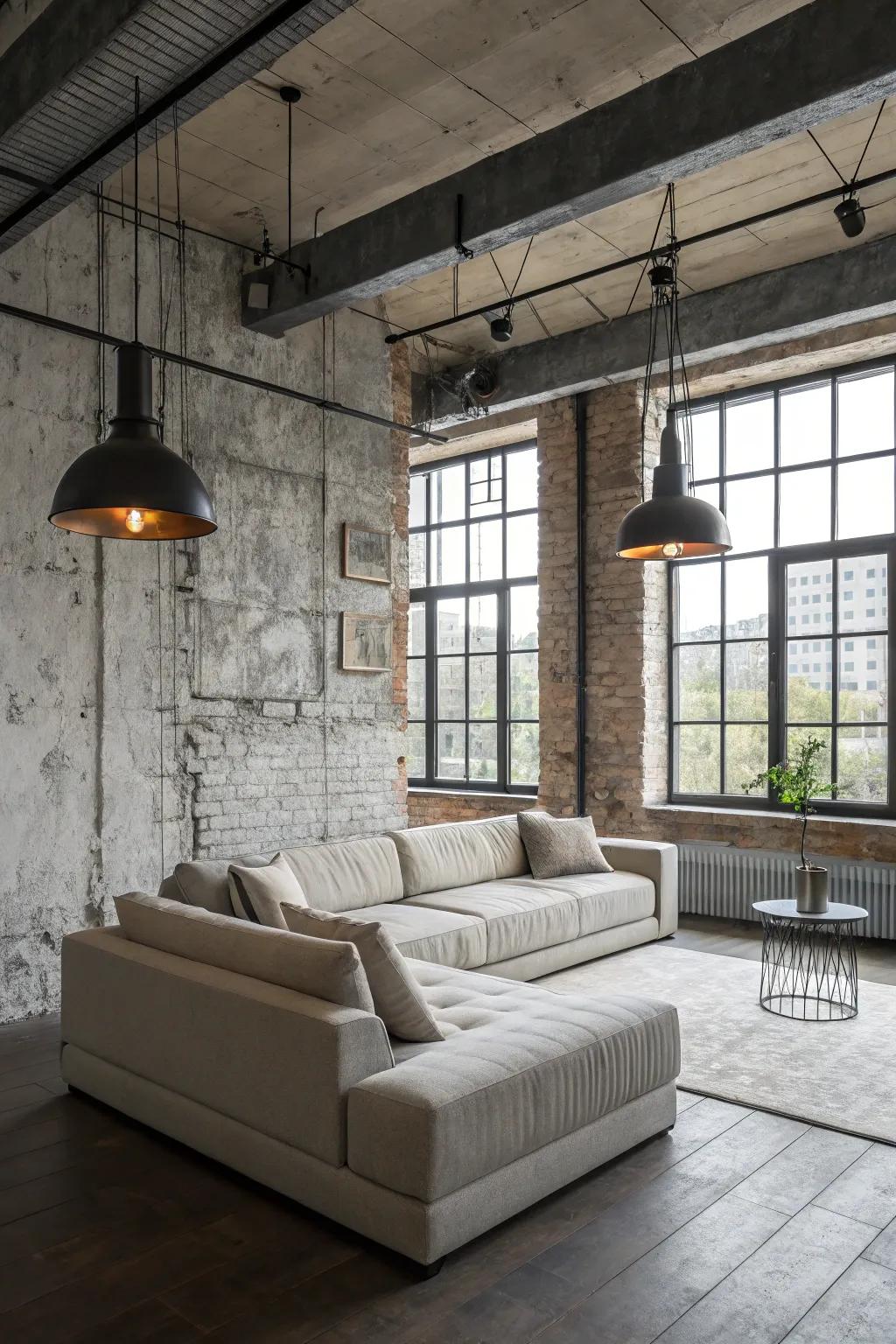 Concrete-look wallpaper offers urban sophistication.