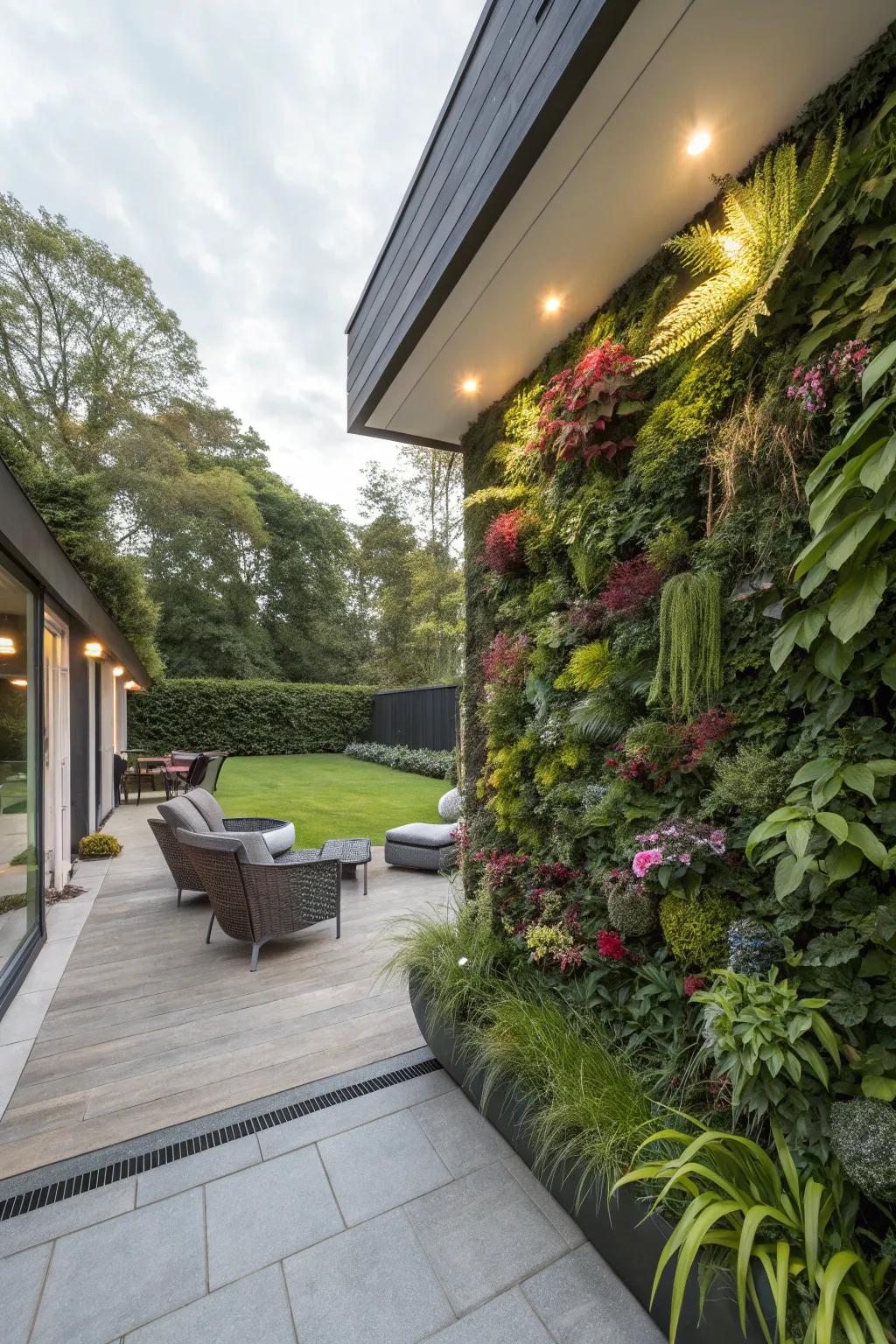 Vertical gardens add lush greenery and save space.