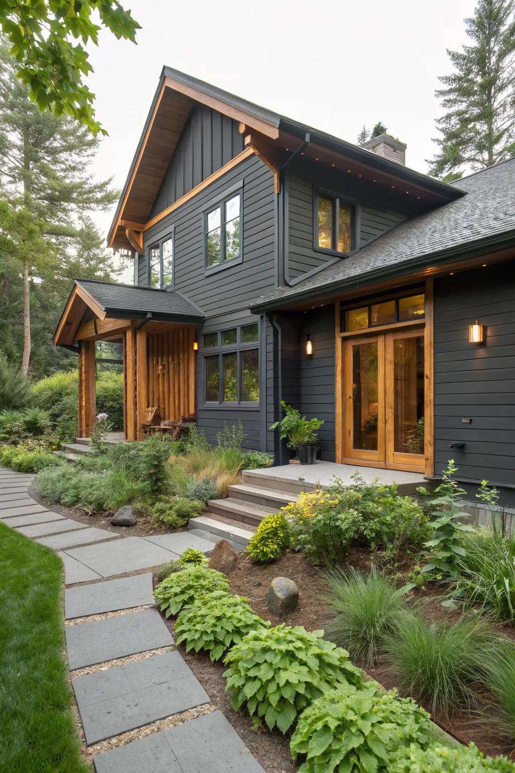 Deep grey and warm lumber shades for a textured and welcoming exterior.