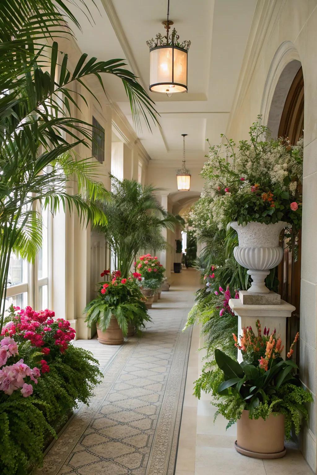 Natural elements like plants add freshness and vibrancy to the hallway.