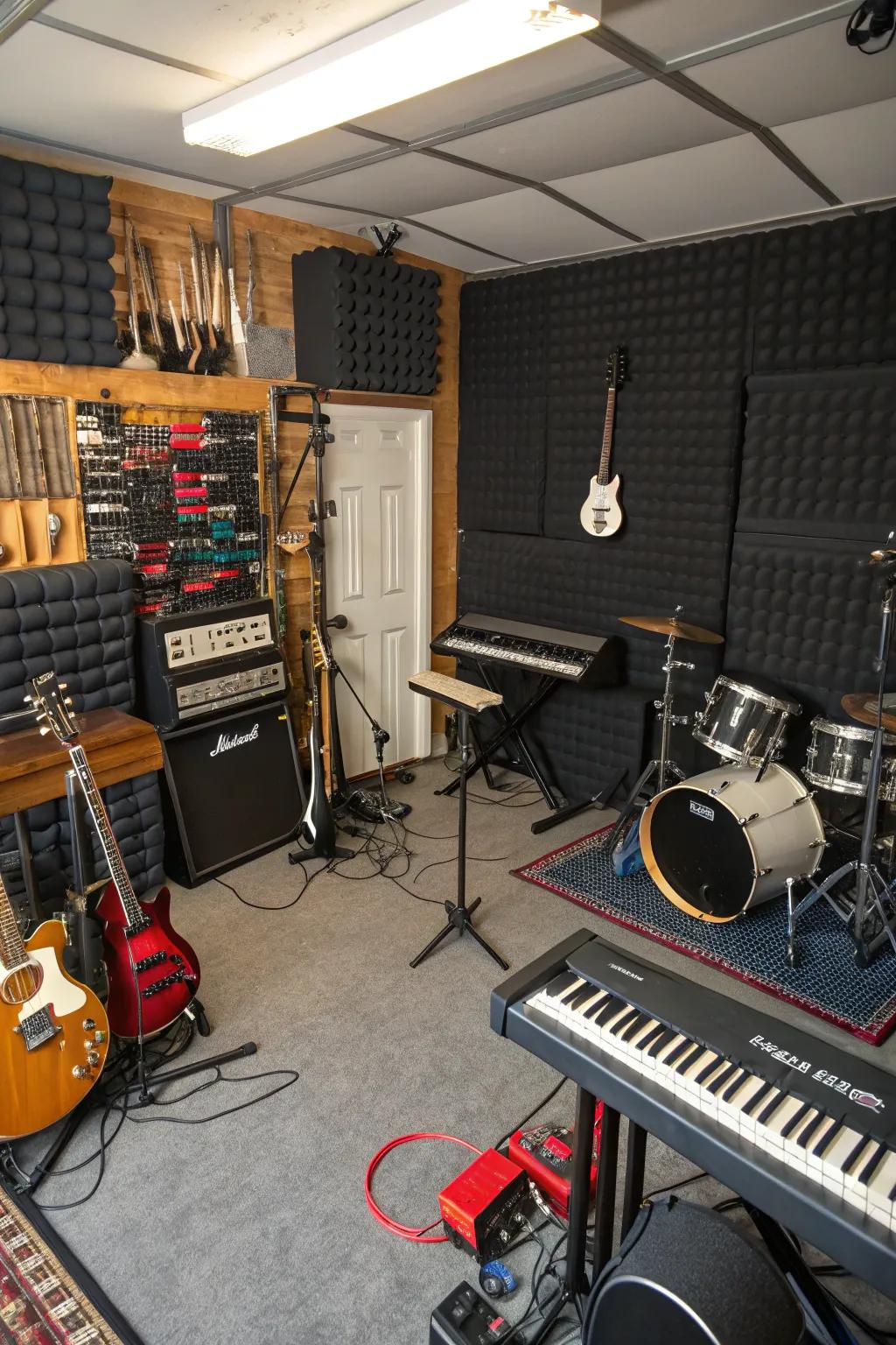 A garage transformed into a soundproof music studio.