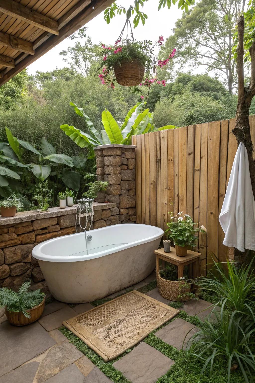 Create a rustic retreat with wooden elements around your bath.