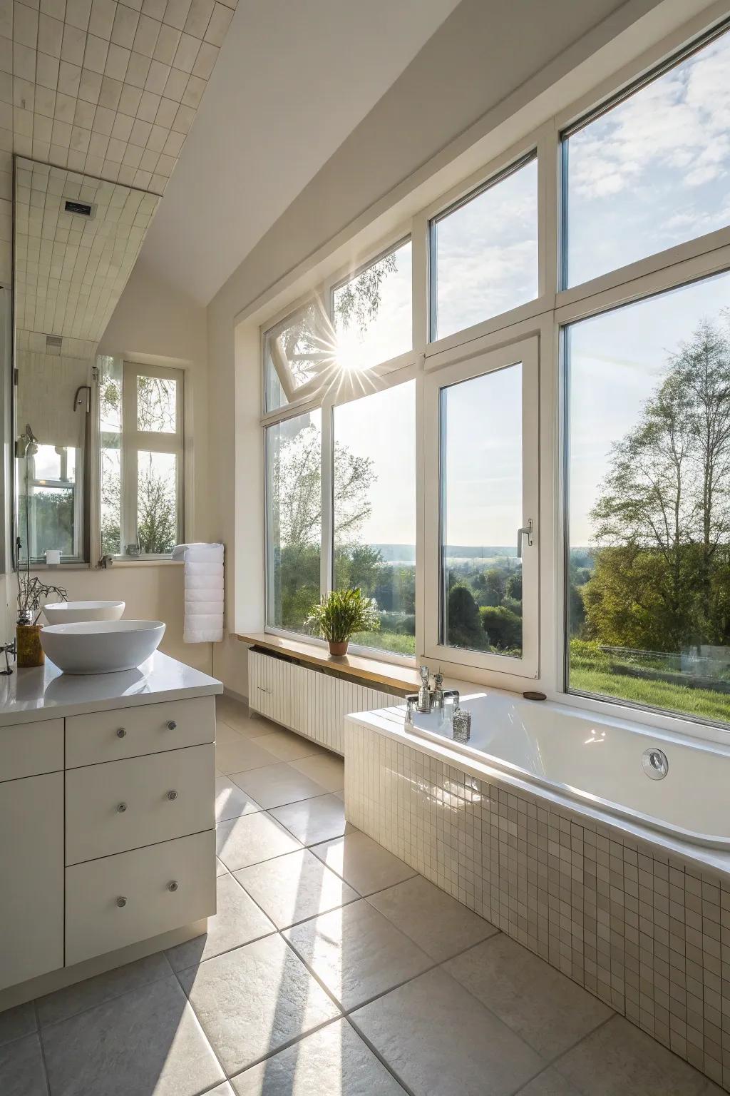 Sunlight enhances the subdued colors in this bathroom.