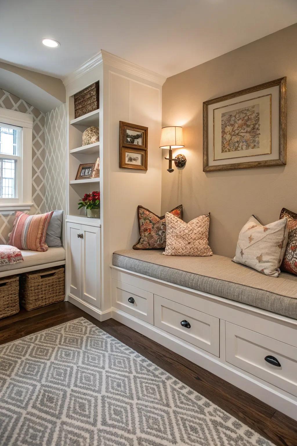 A chic nook featuring built-in drawers for sneaky storage solutions.