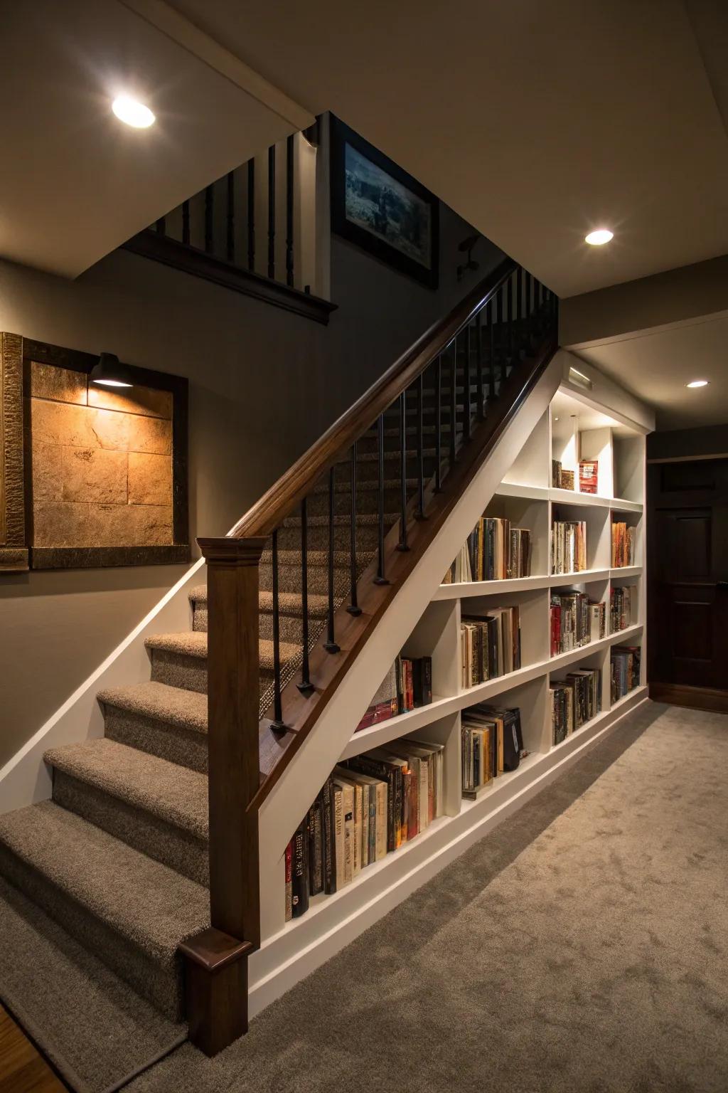 A bookshelf railing brings design panache and usefulness together.