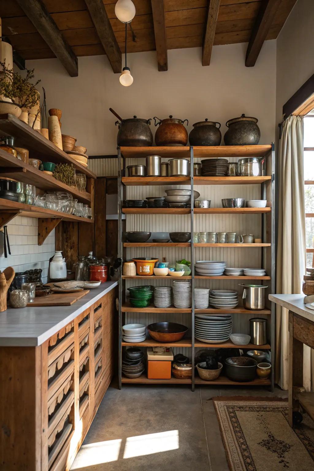 Open shelving for easy access and display of kitchenware.