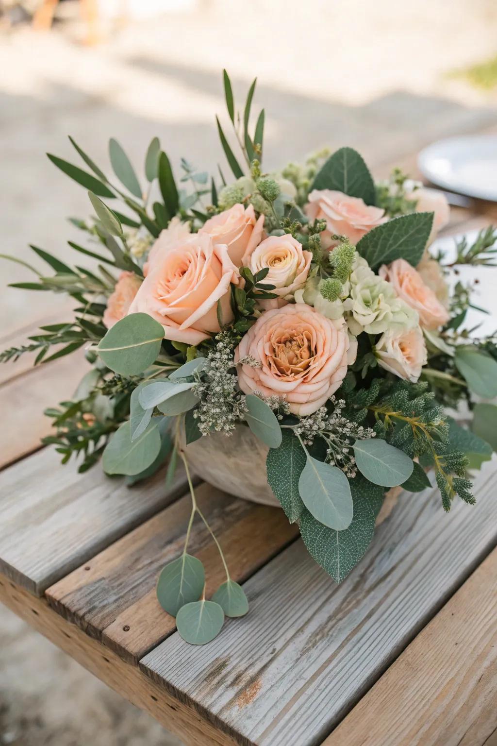 Nature-inspired peach and sage centerpiece for a timeless look.