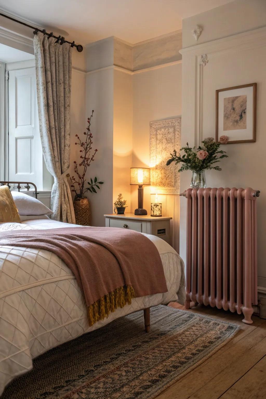 Dusty rose radiators bring subtle romance.