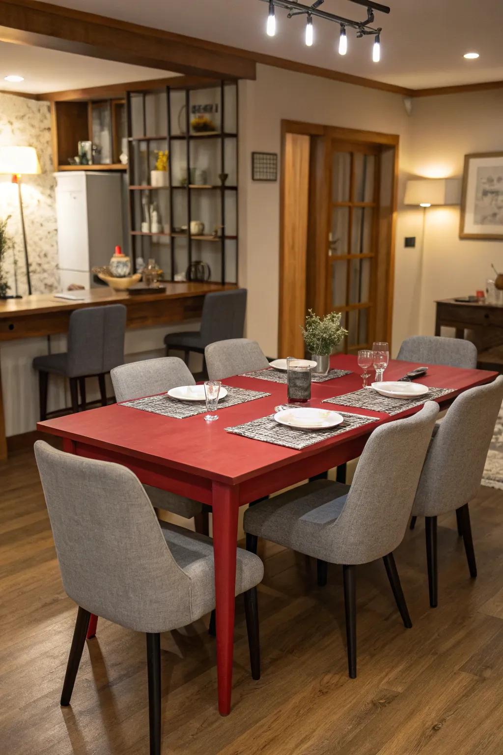 A dining room featuring a red table and grey chairs.