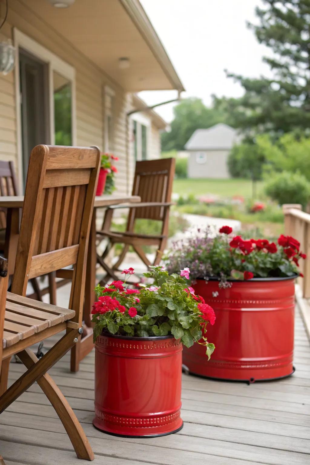 A modern mix of wood and red metal accents.