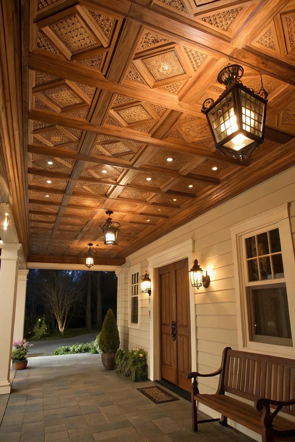 Coffered ceilings infuse elegance into rustic designs.