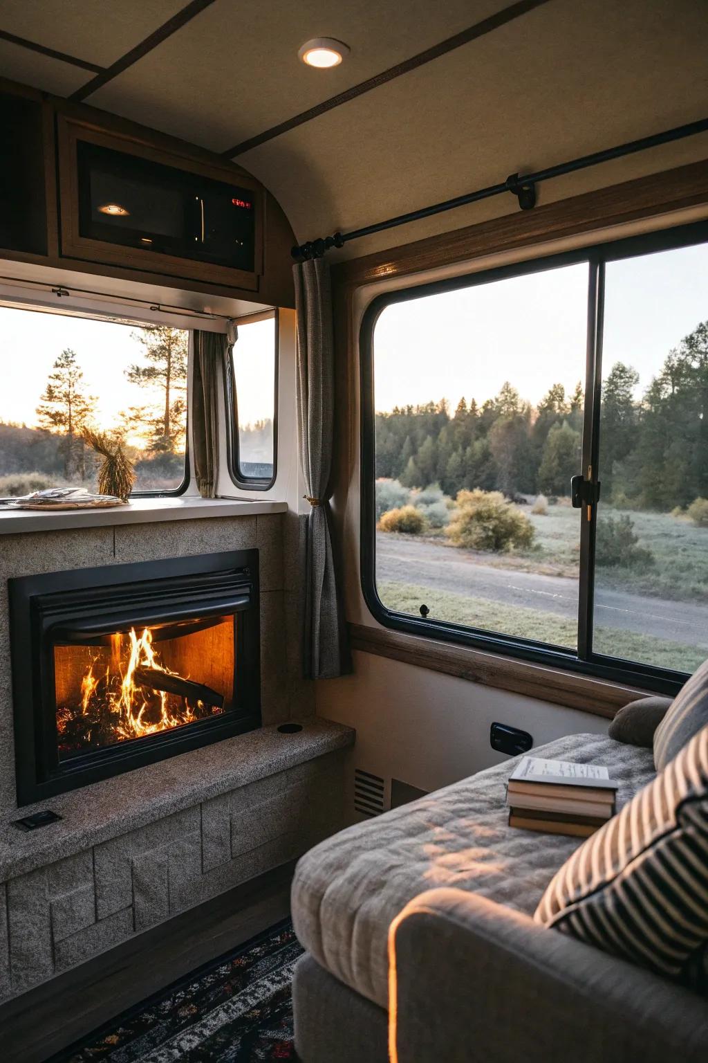 Unify natural light alongside a welcoming fireplace for a bright atmosphere.