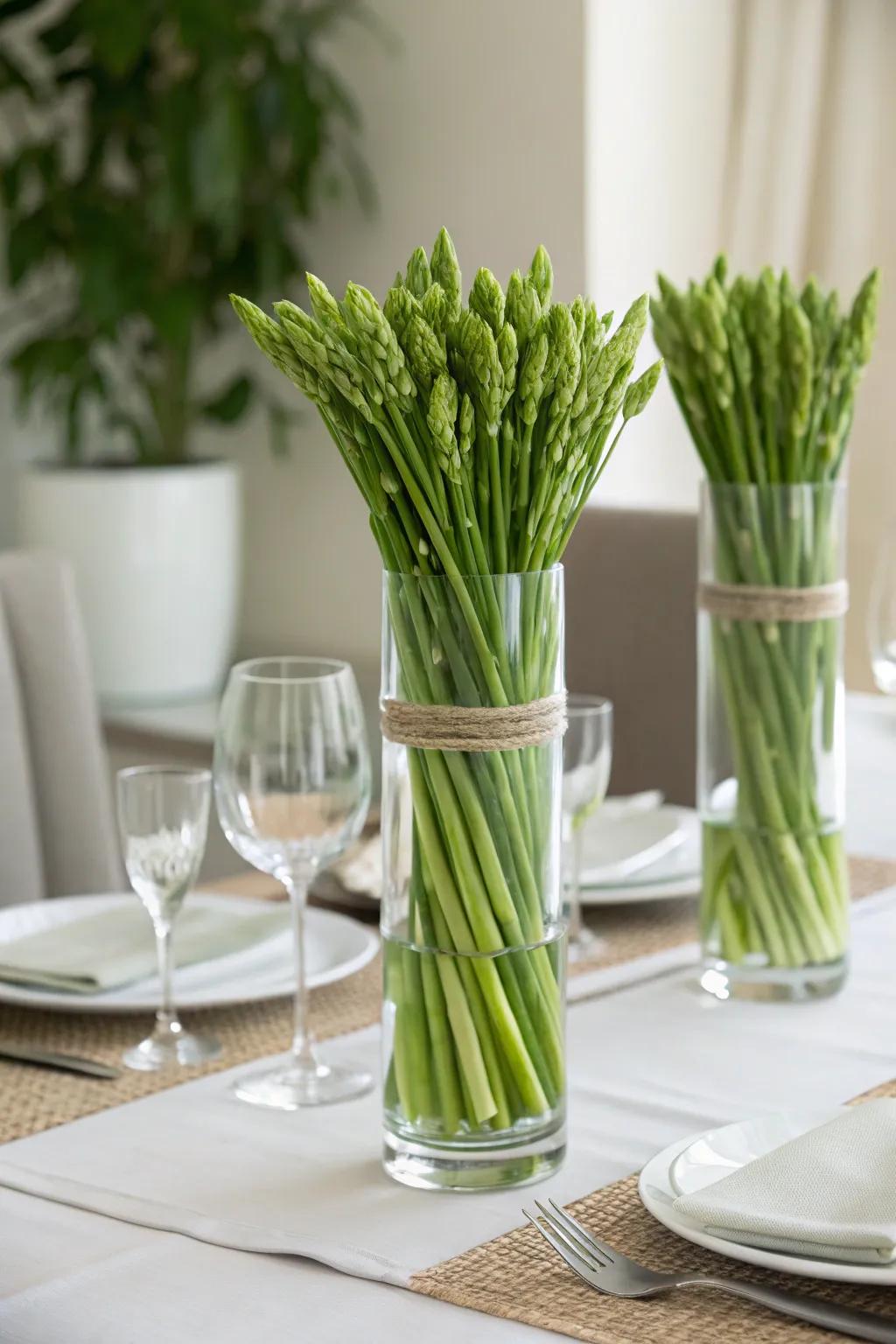 Sage green stems beautifully displayed in clear glassware.