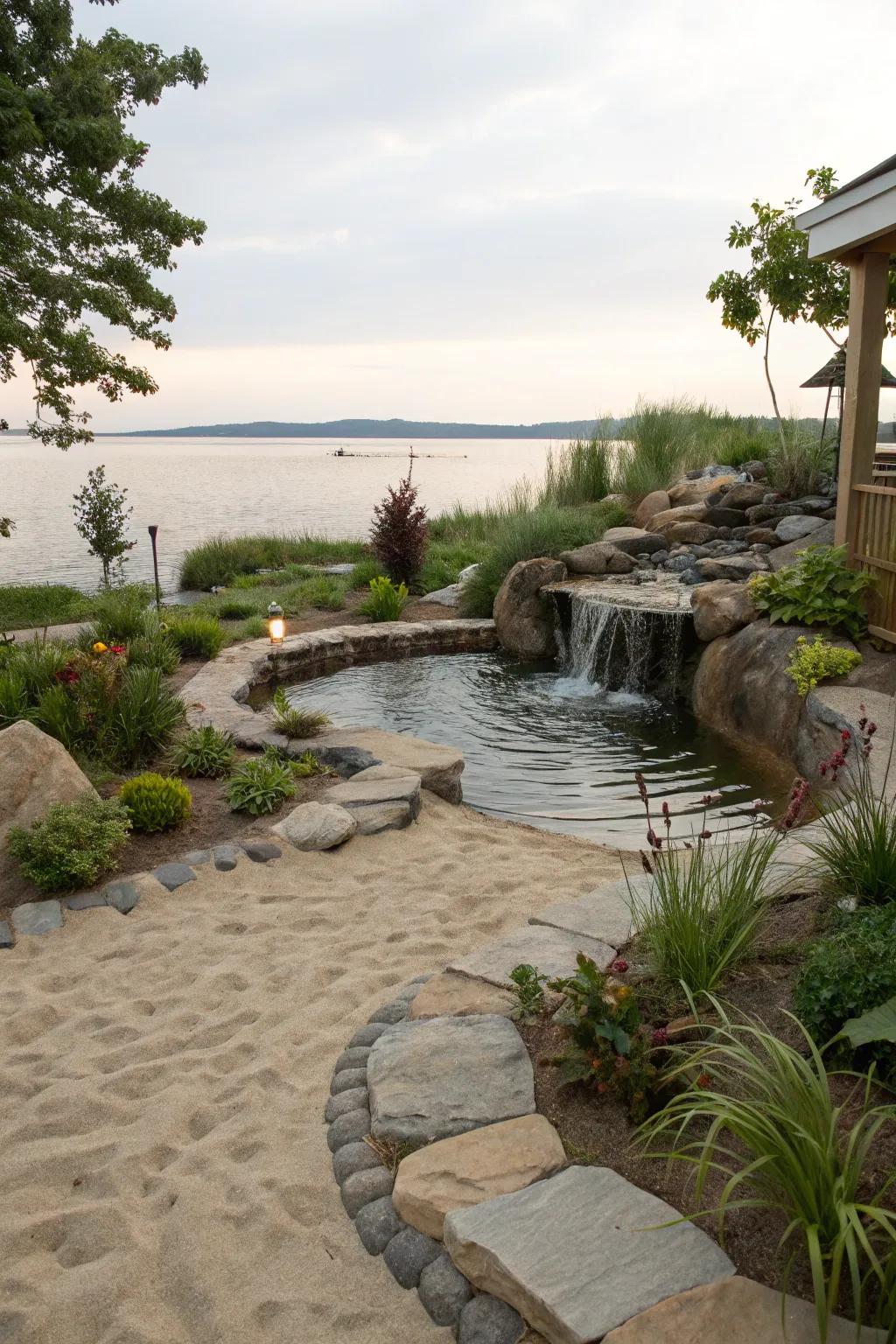 Make things peaceful with a water feature surrounded by sand.