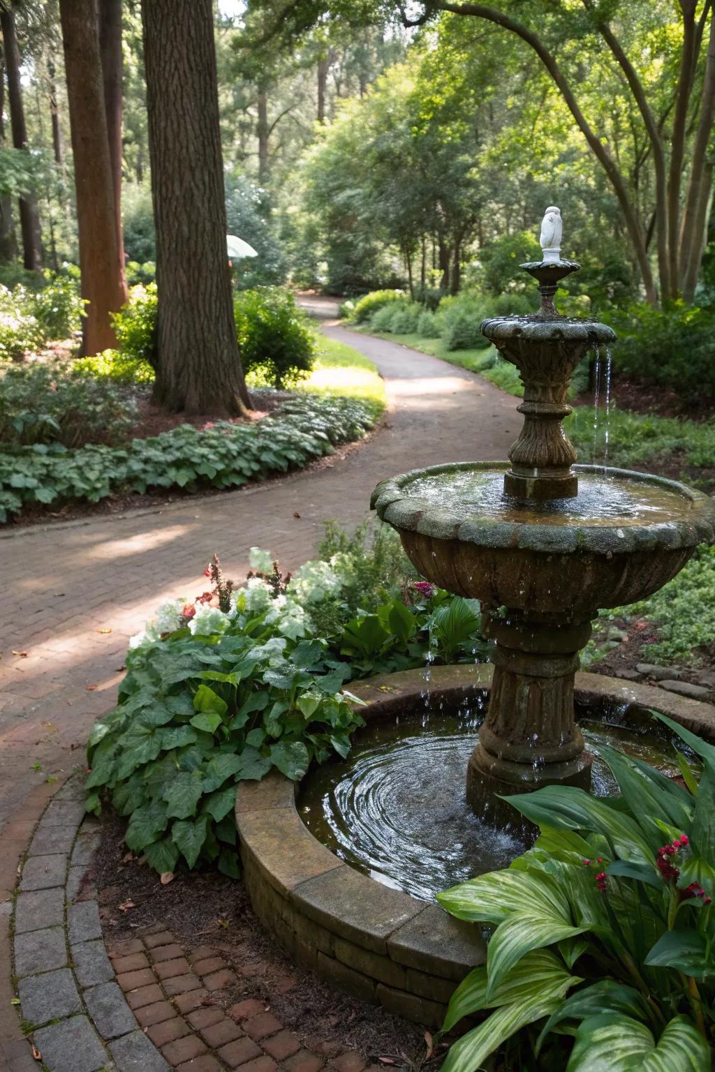 A bubbling fountain adds tranquility to any garden.