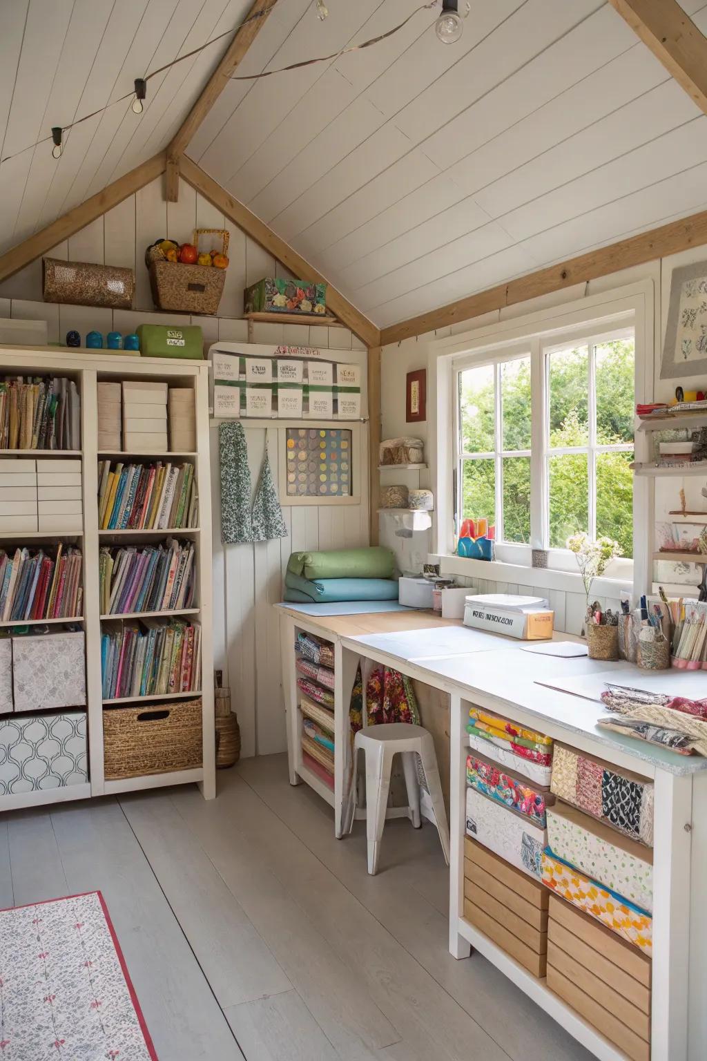 Set up a crafting corner in your she shed with clever storage solutions and a spacious work area.