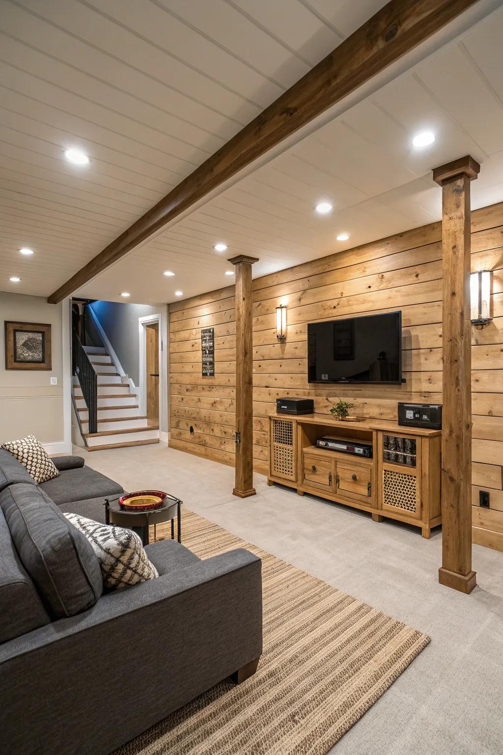 Open and bright basement design with board and batten.