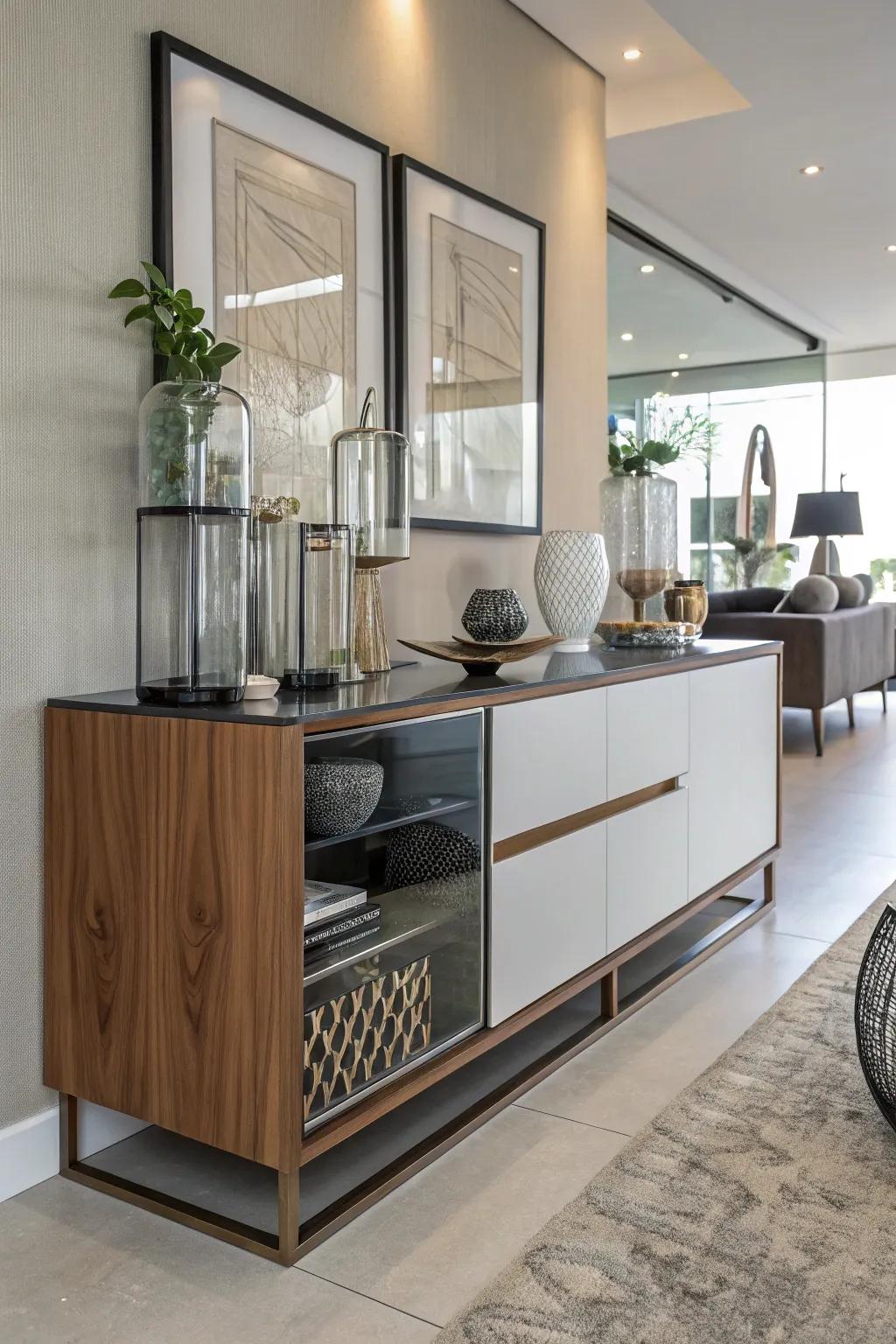 A mix of materials on a sideboard adds depth and visual interest.