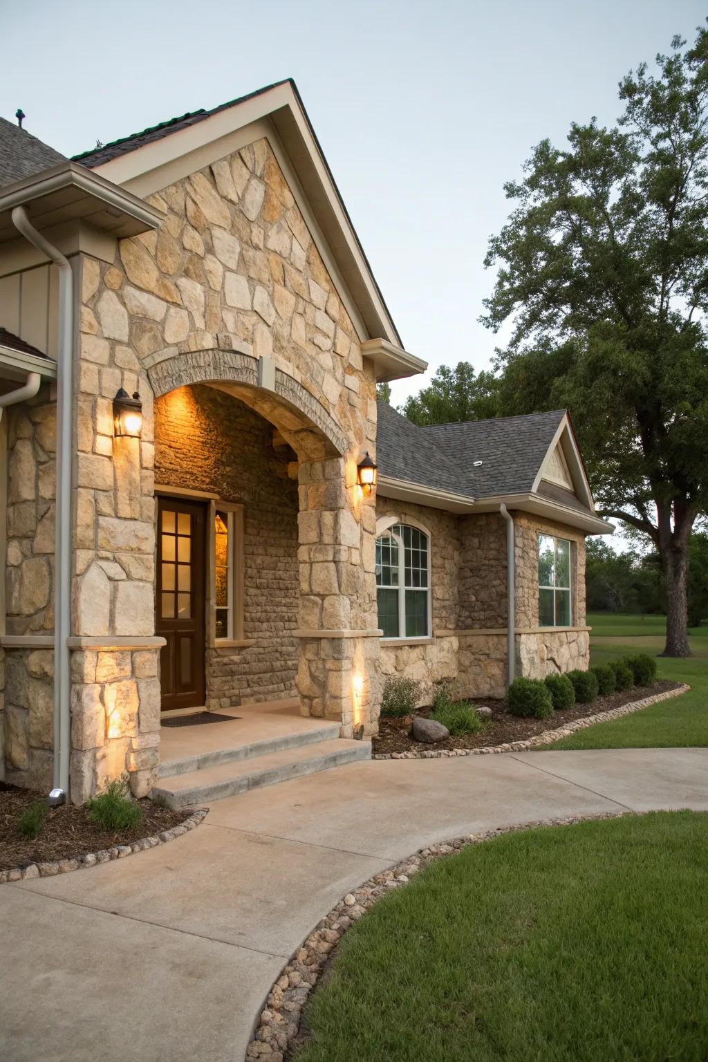 Natural stone accents bring elegance to exteriors.