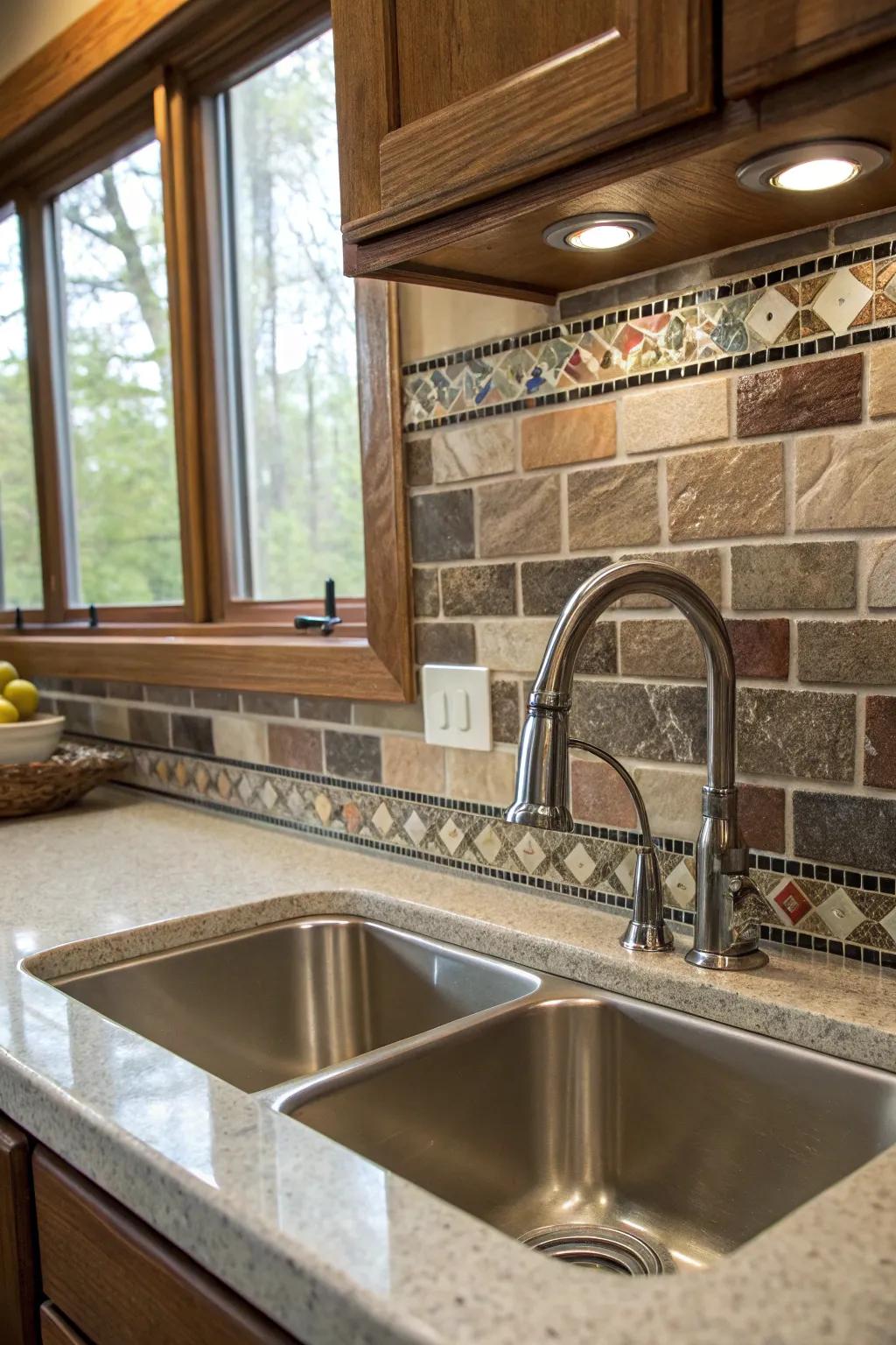 Mixed materials create a textured and dynamic kitchen backdrop.
