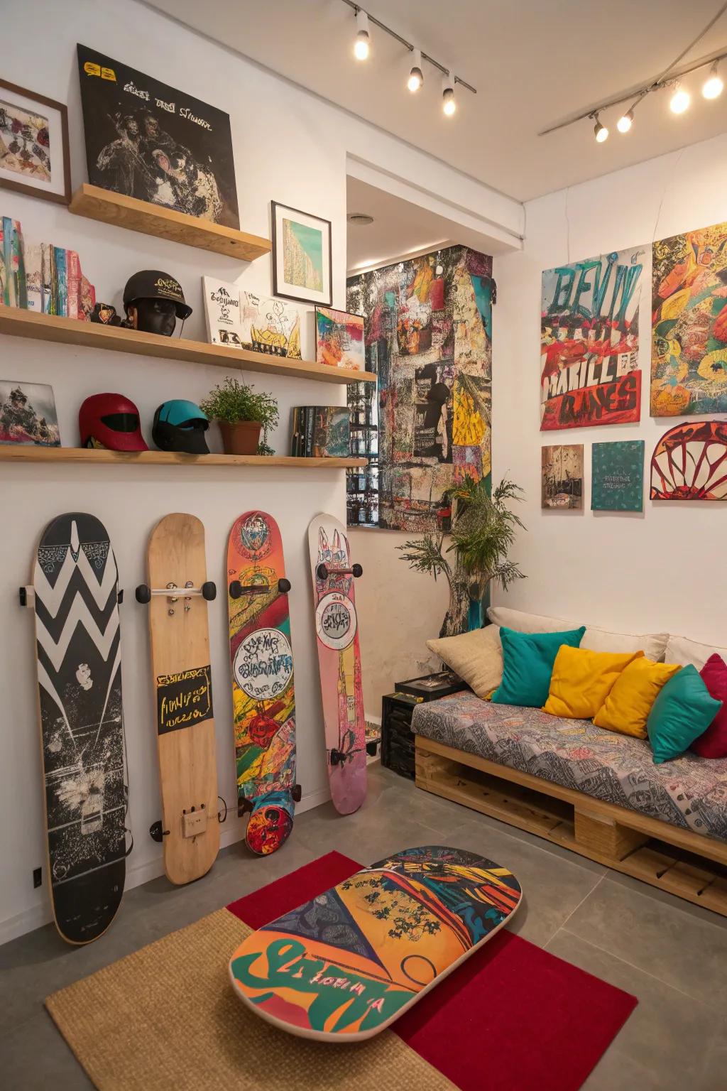 Unite your decor with functional skateboard elements.