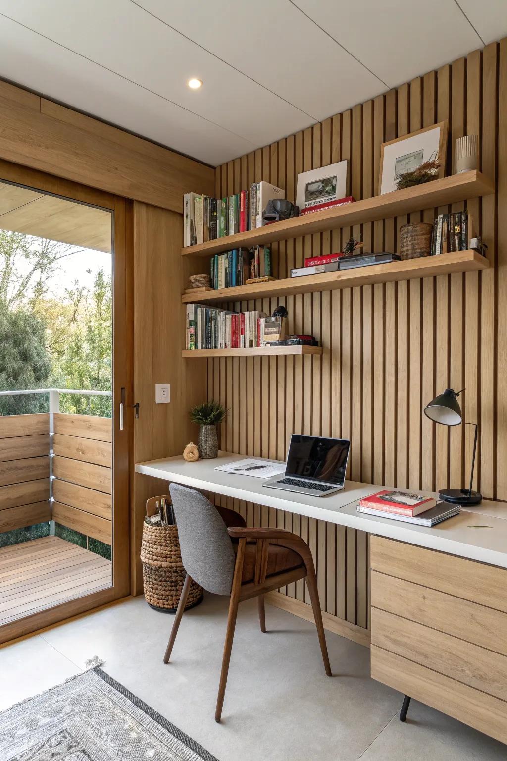 An office space featuring a wood slat wall with practical shelving.