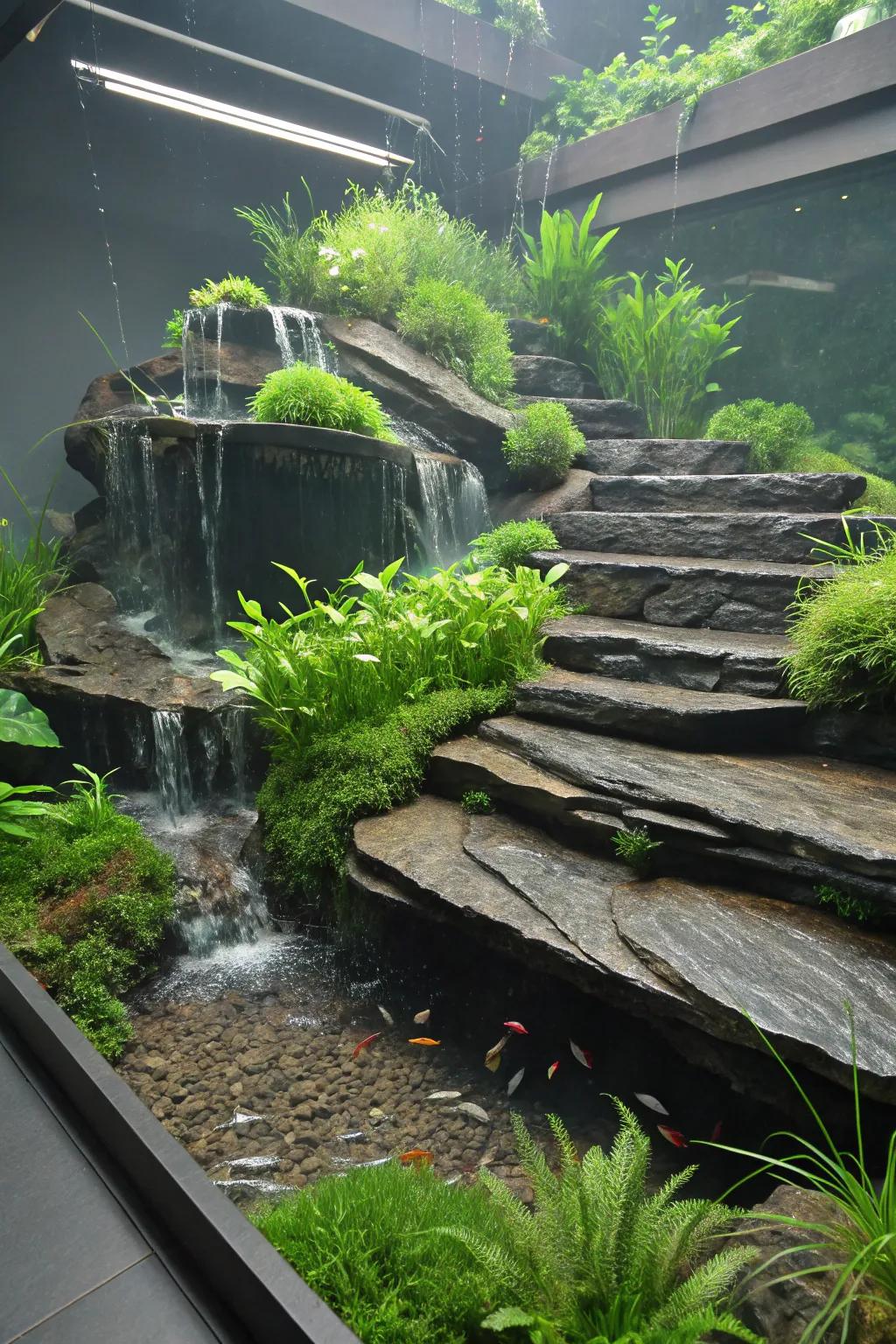 Tiered stone terraces showcase vibrant plants.