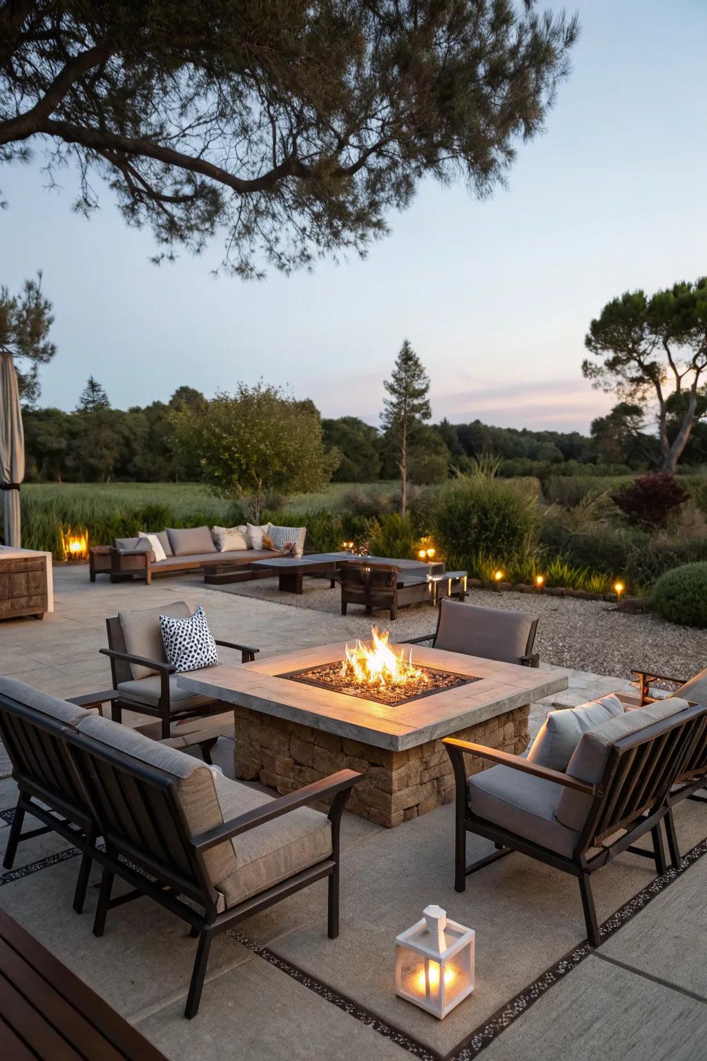 A bonfire table offers both warmth and a surface for dining or drinks.