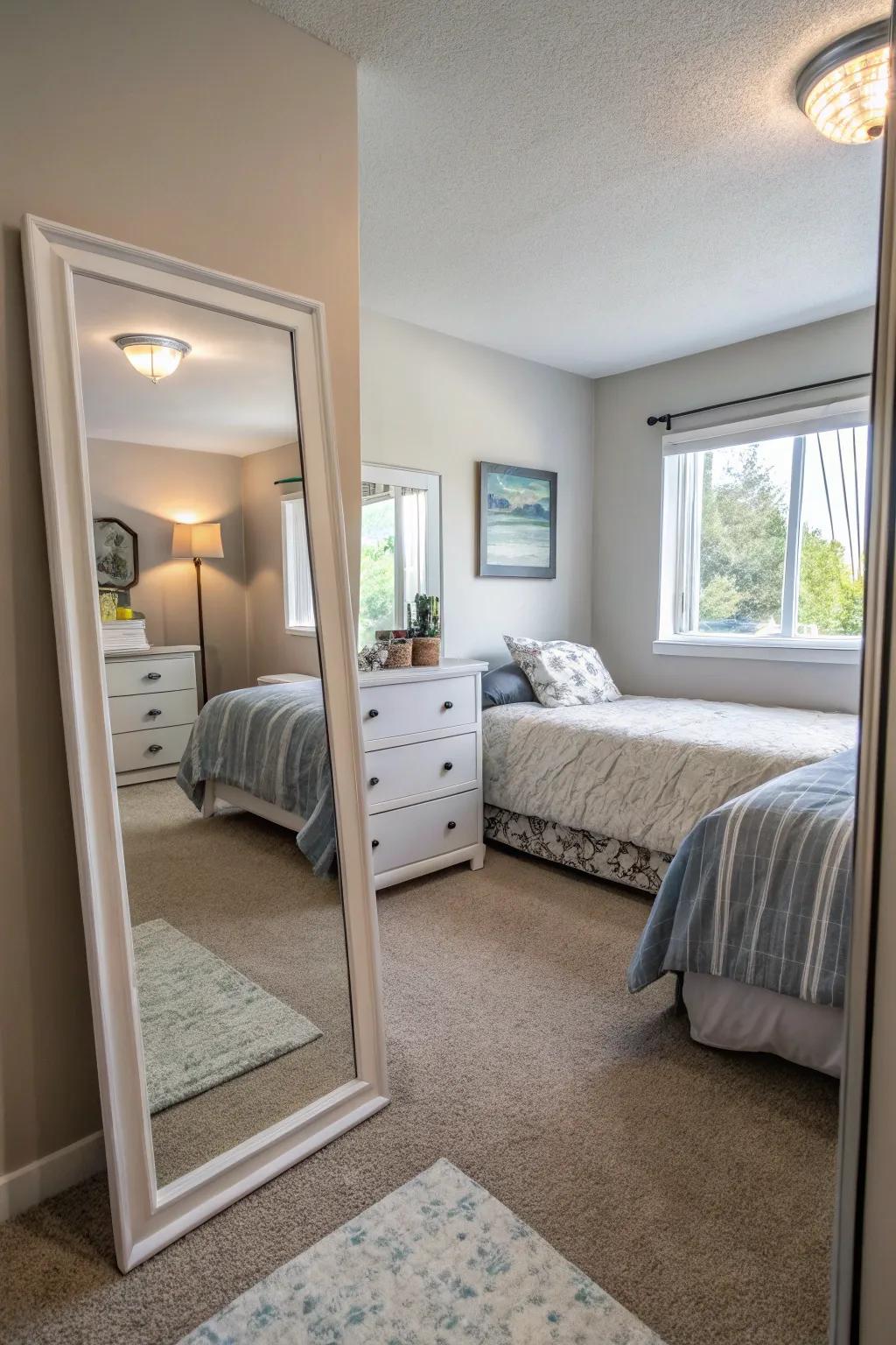 A small bedroom using mirrors to create the illusion of more space.