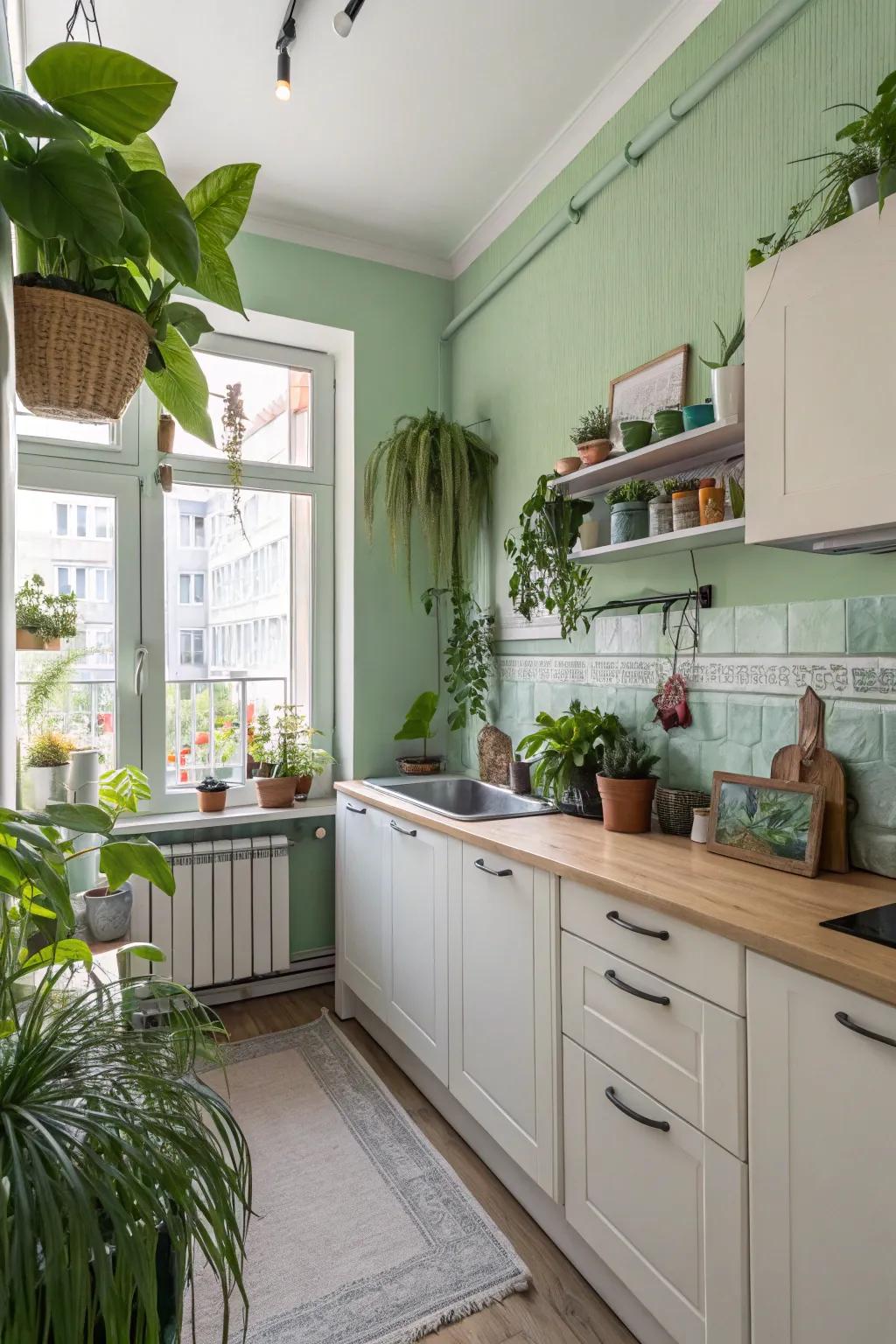 Green hues bring a refreshing touch to kitchen spaces.