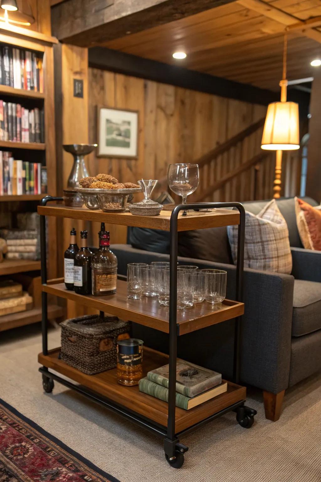 A mini bar cart fits stylishly into any corner, adding a touch of class.