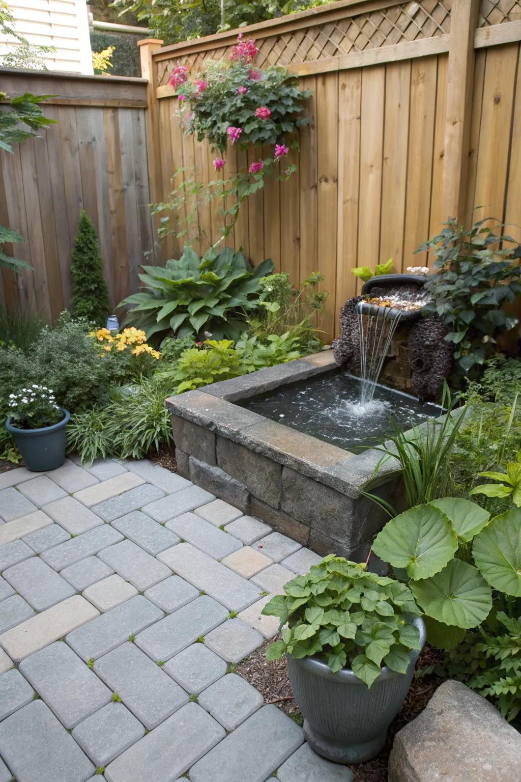 A serene patio with a soothing water feature.