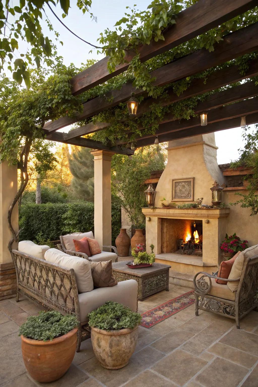 An open-air hearth elevates the pergola’s ambiance.