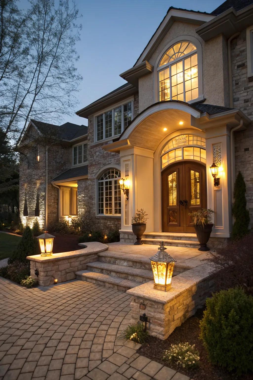 Elegant lighting highlights your front door's architectural features.