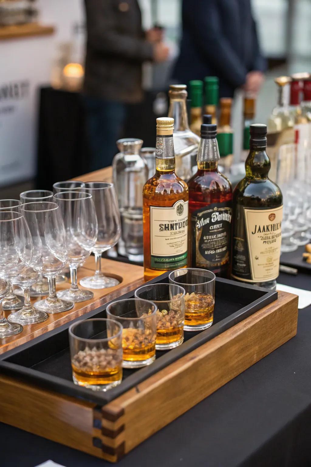 A whiskey tasting station invites guests to savor the finest Irish spirits.