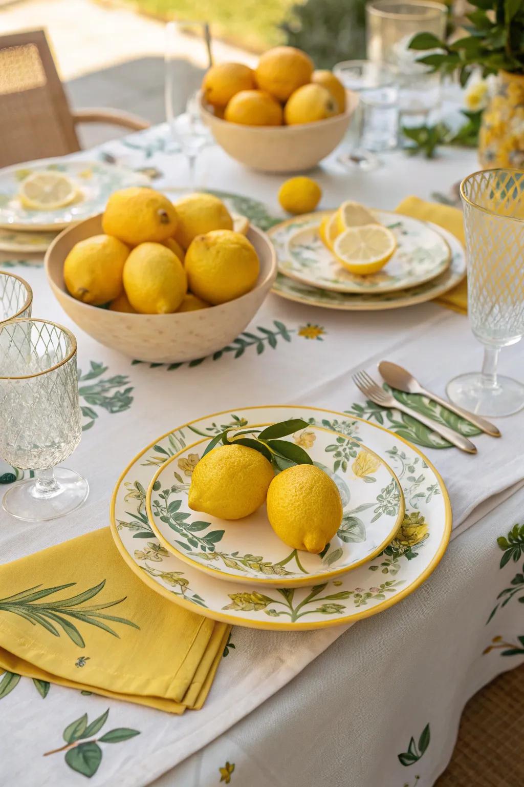 A table adorned with lemon-themed decorations.