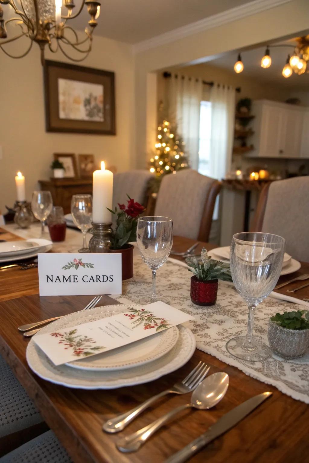 A personalized table setting with custom name cards.