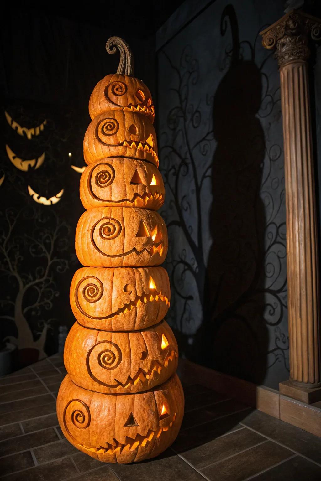 Introduce a twist to your pumpkin crafting with a spiral design showcasing spooky faces.